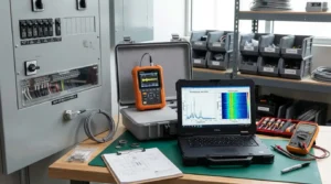 Teknisi memantau panel listrik industri dengan sensor dan grafik getaran, menggambarkan analisa getaran untuk keandalan panel