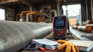 Mitech MT200 ultrasonic thickness gauge measuring pipe wall thickness for corrosion detection in nickel mining.