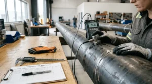 Technician operating UTG probe on pipe for nickel mine pipeline inspection, caliper and clipboard nearby.