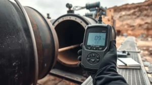 Teknisi mengukur ketebalan pipa nikel dengan ultrasonic thickness gauge di tambang, solusi praktis pengukuran.