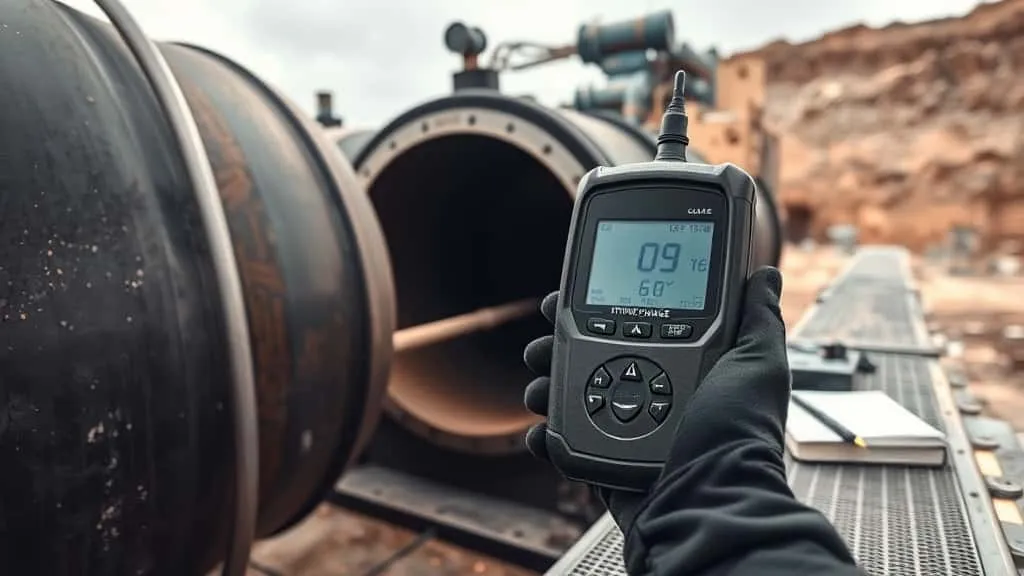 Teknisi mengukur ketebalan pipa nikel dengan ultrasonic thickness gauge di tambang, solusi praktis pengukuran.