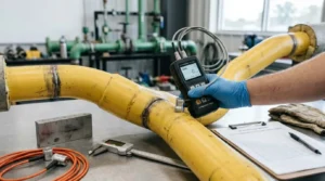 Alat ukur ketebalan pipa gas ultrasonik dengan probe pada pipa untuk inspeksi lapangan, kaliper, dan blok kalibrasi.