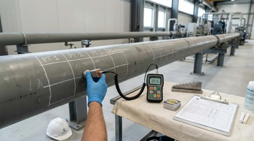 Penentuan titik ukur ketebalan pipa gas panjang menggunakan ultrasonic thickness gauge dan grid kapur.