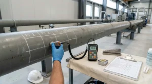 Penentuan titik ukur ketebalan pipa gas panjang menggunakan ultrasonic thickness gauge dan grid kapur.