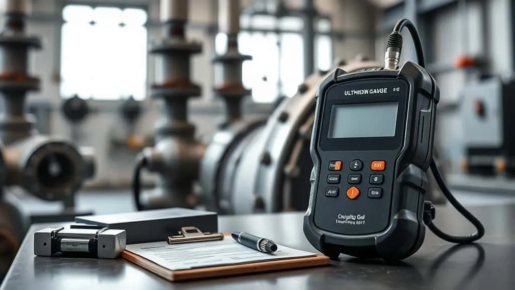 Alat ukur ultrasonik untuk monitoring korosi pada pipa fasilitas minyak dan gas bumi dengan tampilan digital.
