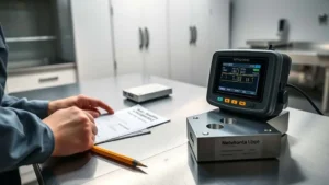 Teknisi mengkalibrasi probe ultrasonic thickness gauge pada blok uji di laboratorium metrologi, dengan layar digital menunjukkan pengukuran akurat sesuai standar.