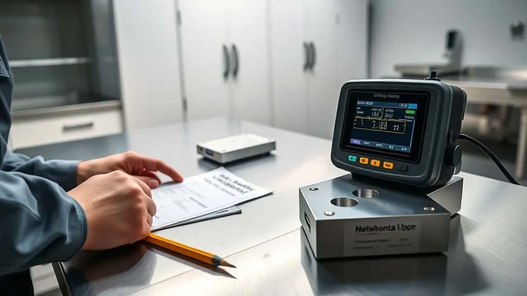 Teknisi mengkalibrasi probe ultrasonic thickness gauge pada blok uji di laboratorium metrologi, dengan layar digital menunjukkan pengukuran akurat sesuai standar.