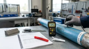 Ultrasonic thickness gauge mengukur ketebalan pipa gas dengan probe dan alat kalibrasi di meja kerja.