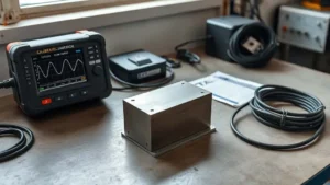 Inspektor memindai blok baja kokoh dengan probe ultrasonik mendeteksi cacat internal untuk uji kualitas material.