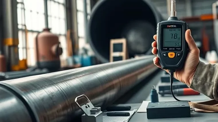 Teknisi pertambangan mengkalibrasi thickness gauge ultrasonik pada pipa paduan nikel untuk inspeksi sesuai standar API dan ASME industri.