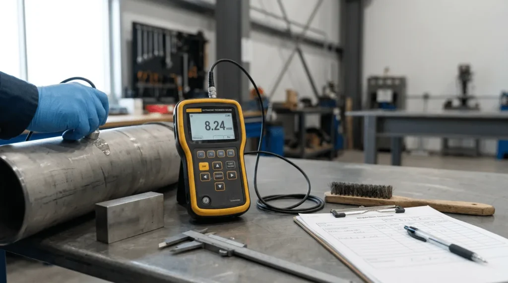 Ultrasonic thickness gauge mengukur pipa baja untuk inspeksi tambang nikel, dengan probe dan gel.