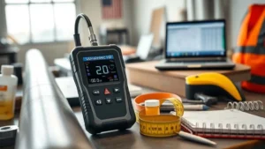 Alat ukur ketebalan ultrasonik dengan probe pada pipa baja untuk inspeksi Turnaround dan PWHT oleh tim integrity.