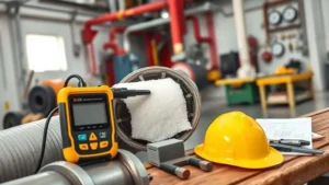 Pengukur ketebalan ultrasonik pada pipa gas baja berlapis cat, dengan insulasi busa dipotong terbuka untuk pengukuran.