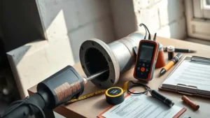 Inspeksi CUI setelah PWHT dengan ultrasonic thickness gauge pada titik ukur pipa baja yang terbuka.