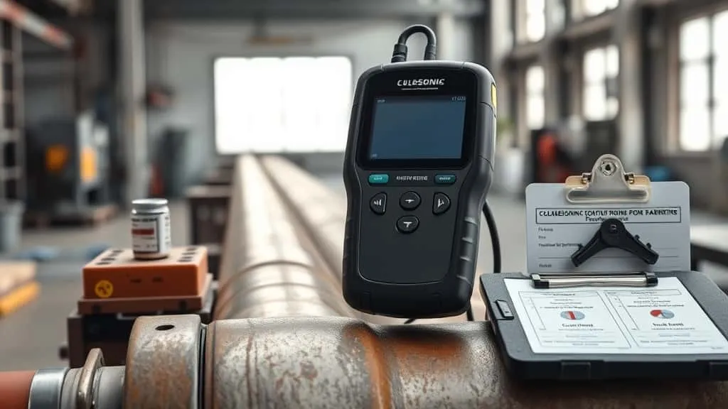Alat ukur ketebalan ultrasonik dengan probe pada pipa gas baja untuk deteksi dini korosi di workshop inspeksi.