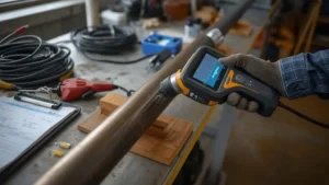 Teknisi memandu probe ultrasonik portabel untuk deteksi retak drill pipe di lapangan, dengan layar waveform yang menampilkan sinyal inspeksi NDT.