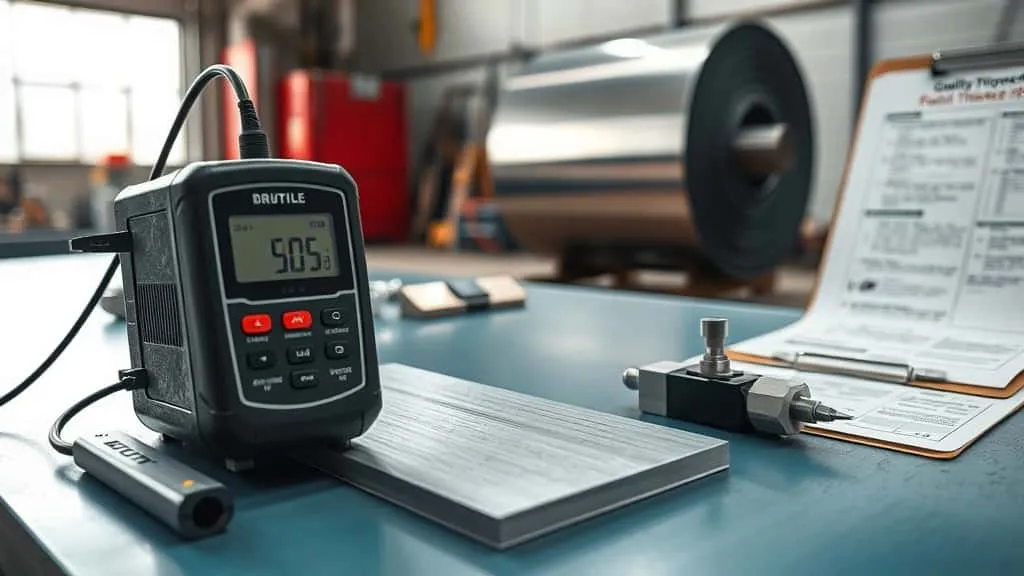 Cara ukur ketebalan lapisan cat dan galvanis atap dengan coating thickness gauge digital sesuai standar.
