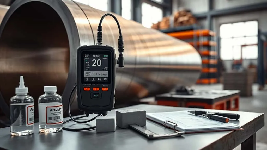Ultrasonic thickness gauge dengan probe suhu tinggi mengukur ketebalan pipa panas setelah pre-heating secara akurat.