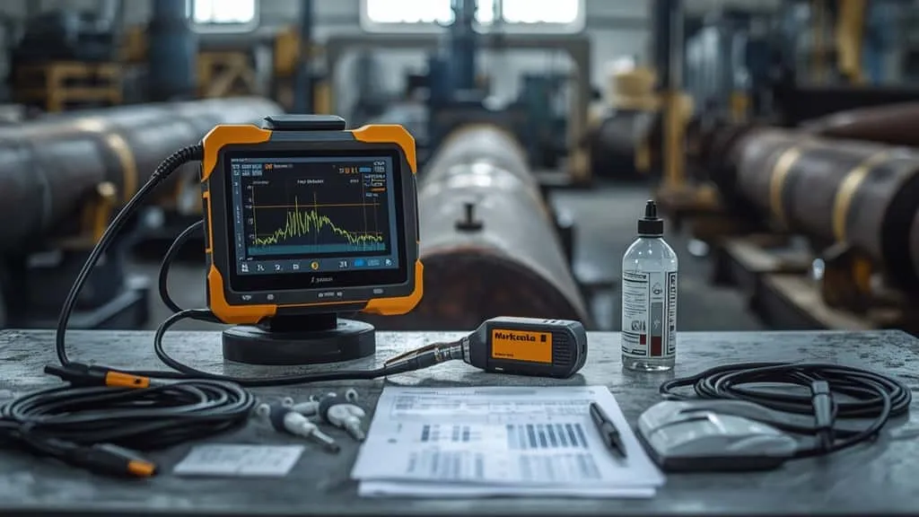 Inspeksi ultrasonik cacat las pada pipa migas lapangan dengan flaw detector berlayar A-scan dan probe pada sambungan las.
