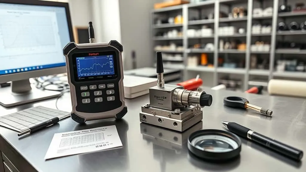Alat ukur ketebalan lapisan portabel dengan probe pada komponen laser di lab QC, lengkap dengan monitor dan kalibrasi.