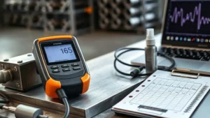 Pengujian ketebalan ultrasonik (UT) pada tube sheet heat exchanger di workshop kilang menggunakan thickness gauge dan probe.
