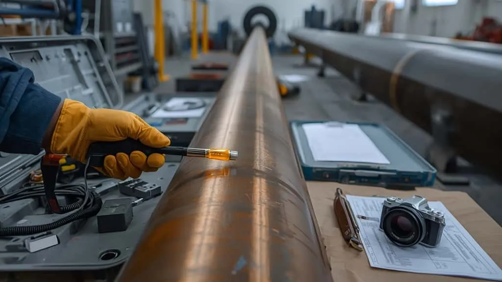 Teknisi memeriksa girth weld pipa OCTG menggunakan probe ultrasonic PAUT dengan alat deteksi cacat dan perlengkapan NDT di lapangan.