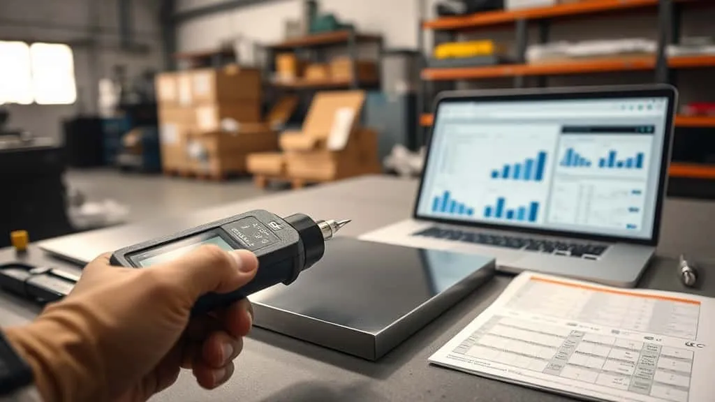 Pengukuran ketebalan lapisan pada plat baja hasil laser cutting menggunakan gauge genggam di workshop industri.