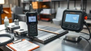 Ultrasonic thickness gauge mengukur ketebalan pelat baja dengan las untuk prosedur sebelum dan setelah PWHT.
