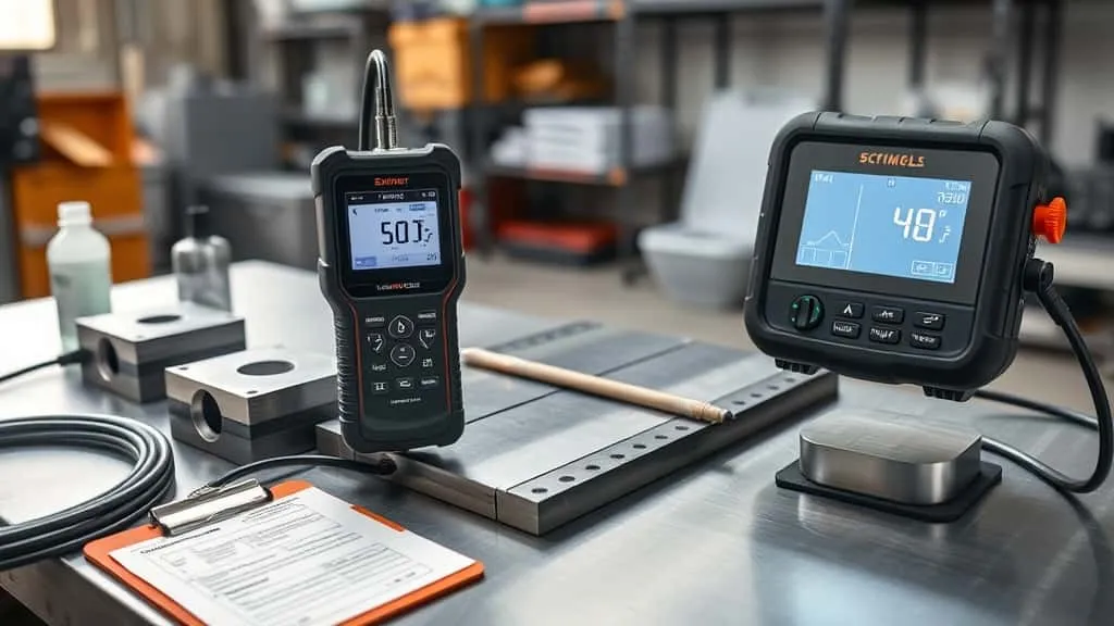 Ultrasonic thickness gauge mengukur ketebalan pelat baja dengan las untuk prosedur sebelum dan setelah PWHT.