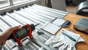 Digital coating thickness gauge measuring galvanized zinc layer on corrugated roof sheet during QC inspection.