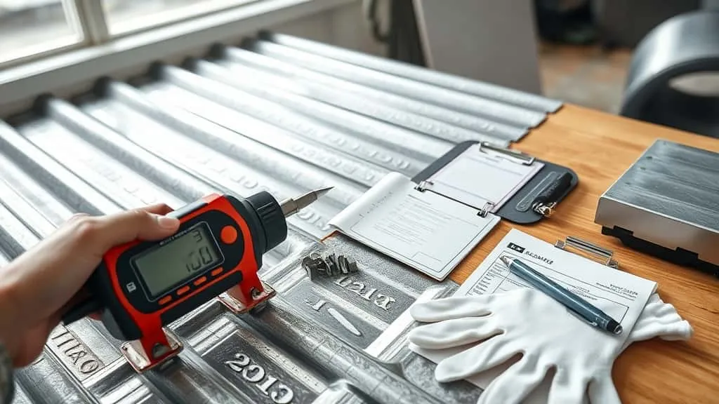 Digital coating thickness gauge measuring galvanized zinc layer on corrugated roof sheet during QC inspection.