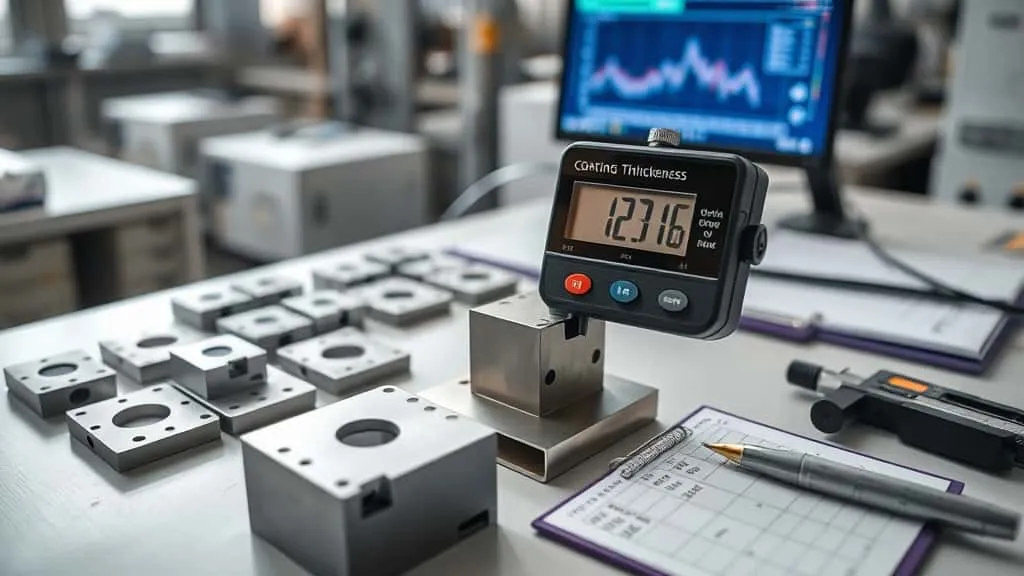 Sampling komponen laser-cut untuk mengukur ketebalan lapisan dengan gauge digital di meja QC.