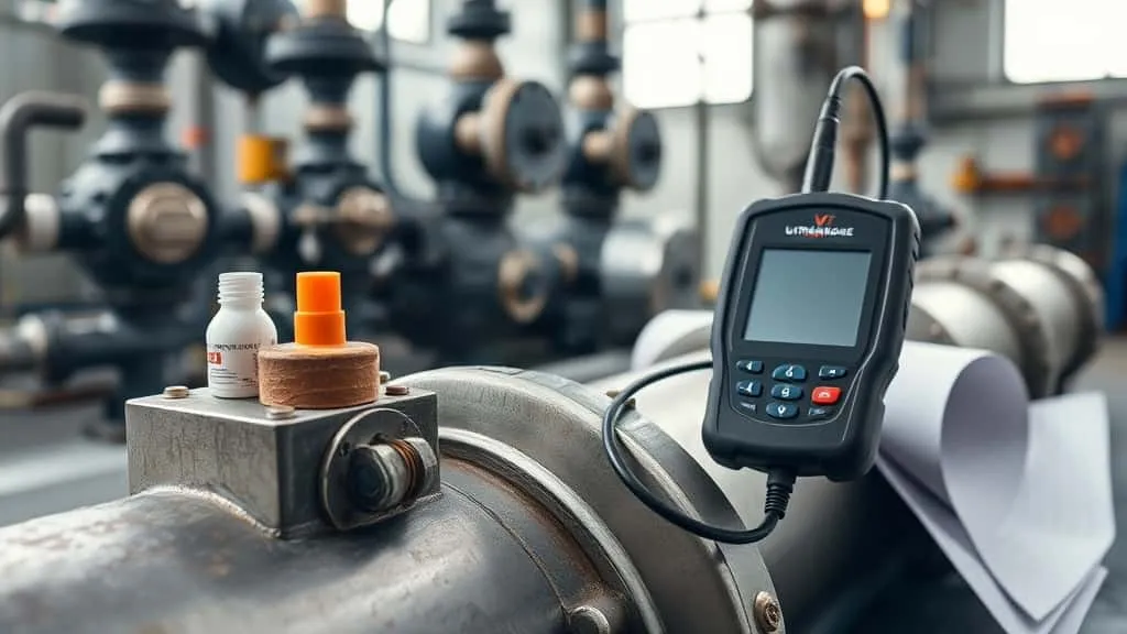 Uji ketebalan pipa gas dengan thickness gauge ultrasonik di dekat sambungan flensa, serta blok kalibrasi dan laporan inspeksi.