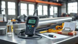 Ultrasonic thickness gauge measuring a welded pipe for PWHT verification, with a weld sample coupon and calibration tools nearby.
