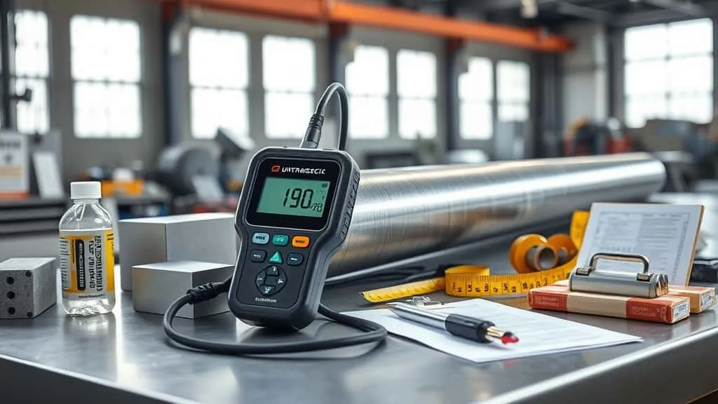 Ultrasonic thickness gauge measuring a welded pipe for PWHT verification, with a weld sample coupon and calibration tools nearby.