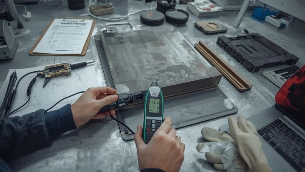 Inspector pakai coating thickness gauge ukur ketebalan lapisan lambung kapal tanker untuk quality control antisipasi korosi