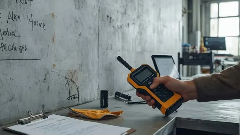 Teknisi memeriksa retak dinding beton dengan alat, ilustrasi inspeksi beton dan uji ultrasonik (NDT)