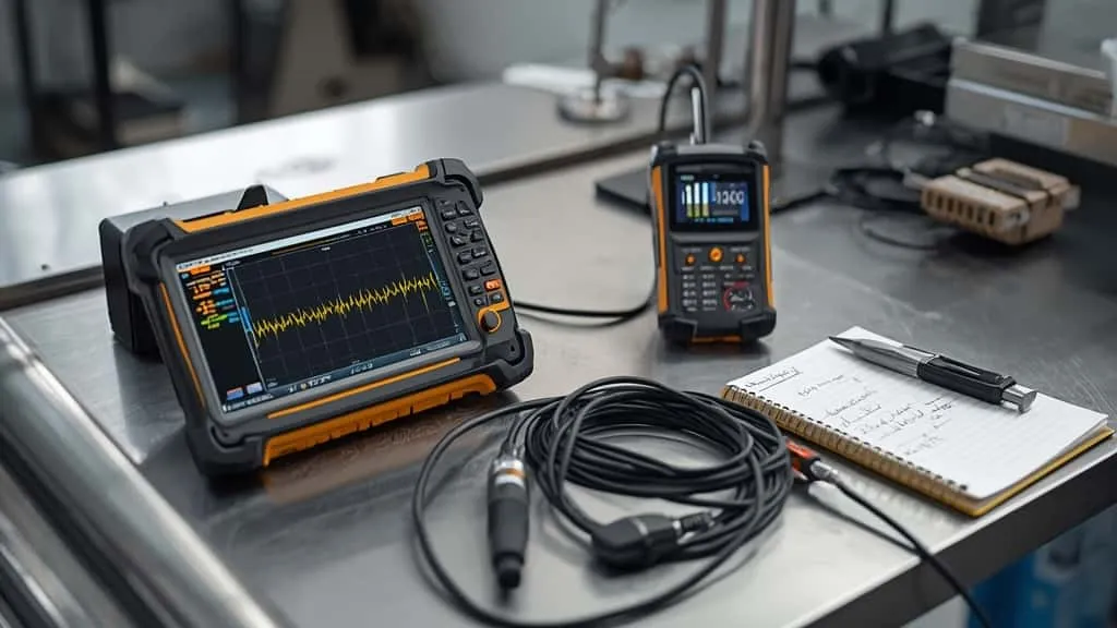 Ultrasonic flaw detector vs thickness gauge comparison on NDT lab workbench with waveform display and calibration block.