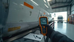 Ultrasonic thickness gauge inspecting a fuel tanker wall during a minimized downtime defect inspection.