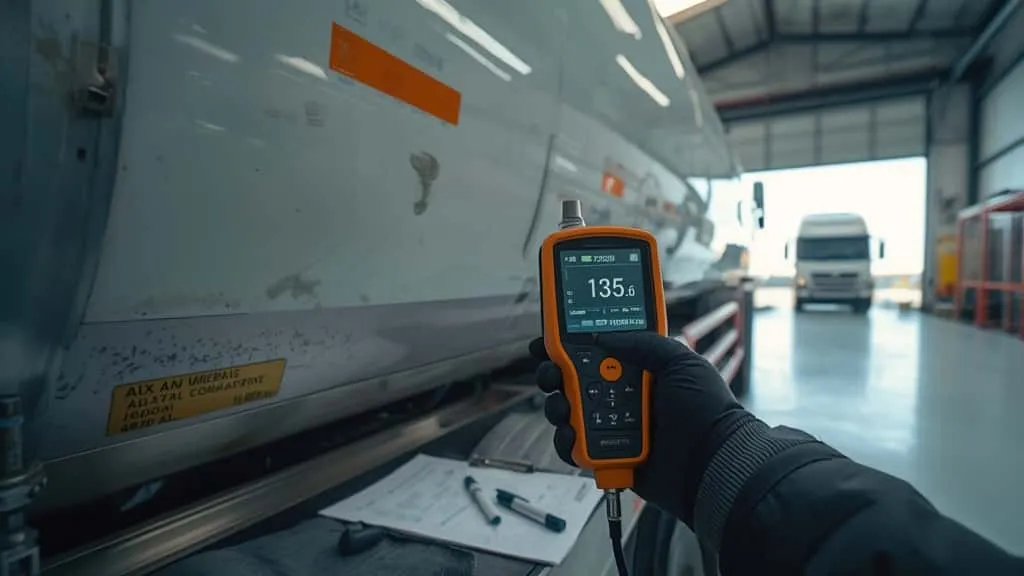 Ultrasonic thickness gauge inspecting a fuel tanker wall during a minimized downtime defect inspection.